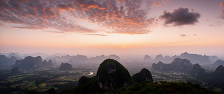 Panoramic view of karst mountains at sunset in Guilin, Chinaの素材