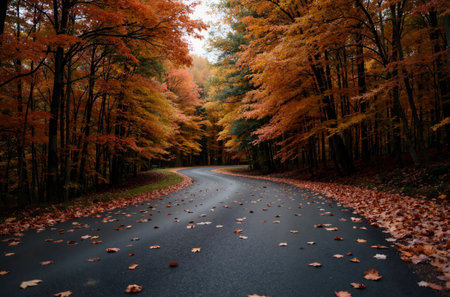 Autumn road in the forest with fallen leaves and yellowed treesの素材
