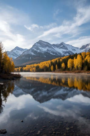 Reflection of autumn alpine landscape with snow covered mountain peaks and lakeの素材