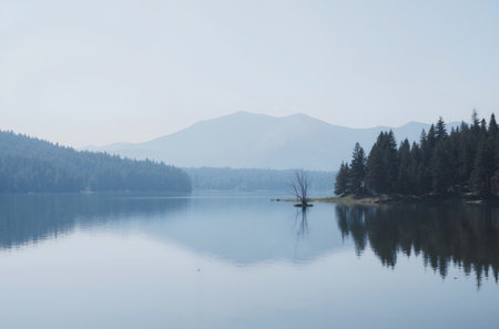 Lake in the mountains on a foggy day. Beautiful landscape.の素材