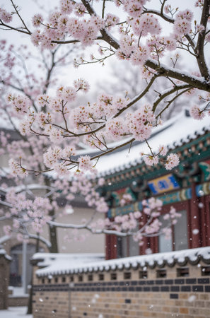 cherry blossom in the snow, winter season in south koreaの素材