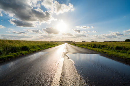 Asphalt road through the savannah and blue sky with clouds.の素材