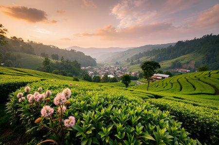 Tea Plantation at Sunrise, Chiang Rai Province, Thailand.の素材