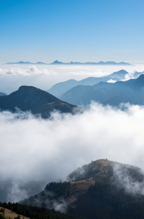 Mountain landscape with fog and clouds. Caucasus Mountains, Georgia.の素材
