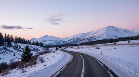 Snowy road in the mountains at sunset. Beautiful winter landscape.の素材