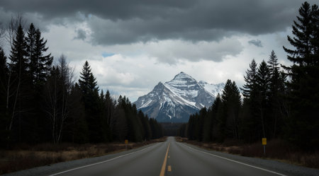 Road in the Canadian Rockies, Alberta, Canada. The road is surrounded by pine trees.の素材