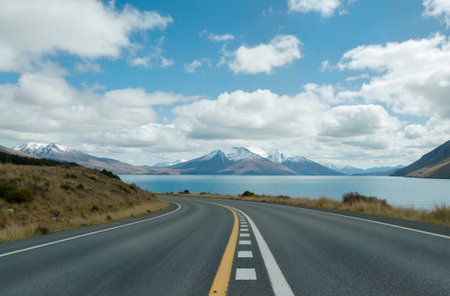 road in new zealand with lake and mountains in the background.の素材