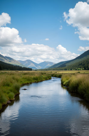 Landscape with river and mountains in the background, Scotland, UKの素材