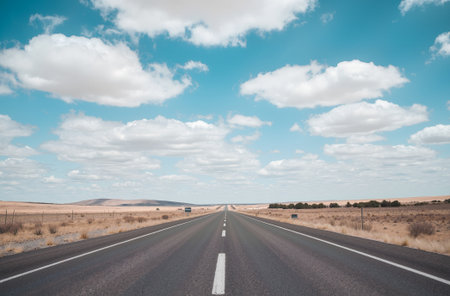 Asphalt road in steppe and blue sky with white clouds.の素材