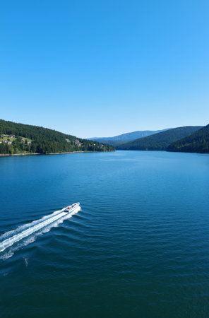 Boat on the lake in the mountains. View from above.の素材