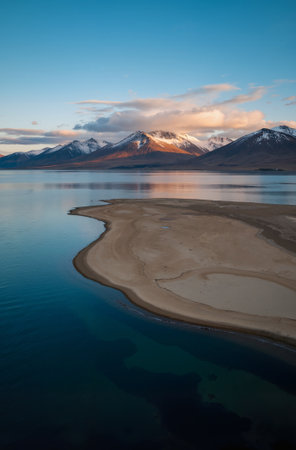 Landscape view of Pangong Lake with snow capped mountains at sunset, Ladakh, Indiaの素材