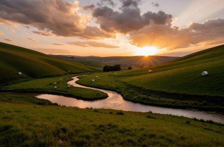 Sunset over a small river on the hills of the Tuscan countrysideの素材
