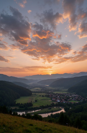 Sunset over the valley of the river Graz in Styria, Austriaの素材
