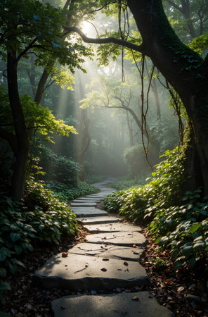 Pathway in the forest with sunbeams through the trees.の素材