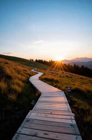 Wooden path leading to the sunset in the mountains. Landscape.の素材