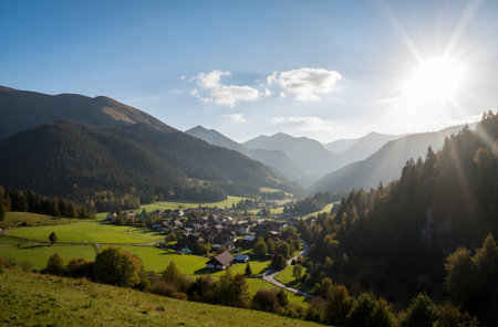 Panoramic view of a small village in the Swiss Alps.の素材