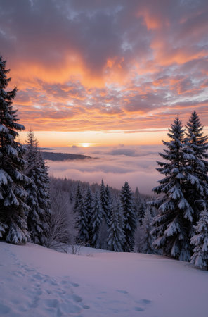 Majestic sunset in the winter mountains landscape. Dramatic wintry scene. Carpathian, Ukraine, Europe. Beauty world.の素材