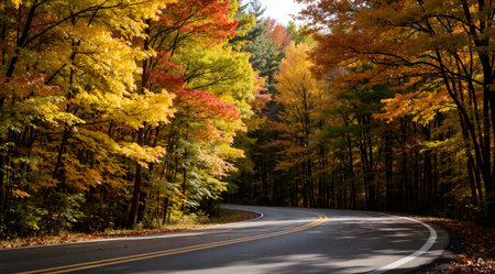 Autumn landscape with road and colorful trees in the autumn forest.の素材