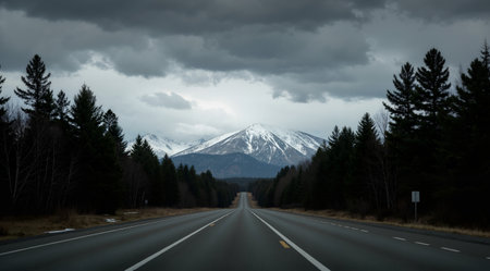 Panoramic view of the road in the mountains under the cloudy skyの素材