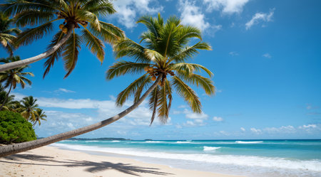 Coconut palm trees on the beach of the Caribbean island of Seychellesの素材