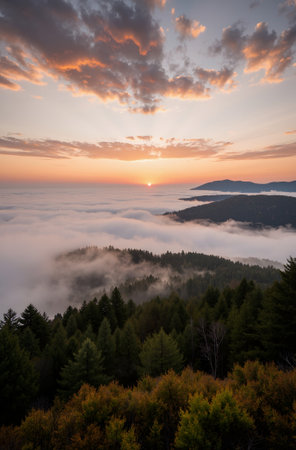 Mountain landscape with fog in the valley at sunrise. Carpathian Mountains, Ukraineの素材