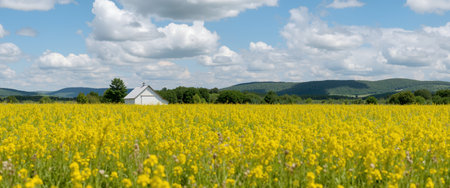 Panoramic view of a yellow rape field with a church in the backgroundの素材