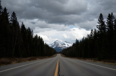 Highway in the Canadian Rockies during a cloudy day. Taken in Jasper National Park, Alberta, Canada.の素材