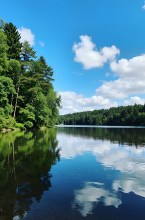 Lake in the forest on a sunny summer day with clouds reflected in the waterの素材