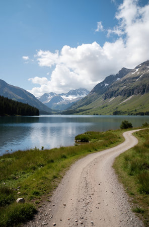 Dirt road leading to the alpine lake in the Swiss Alpsの素材