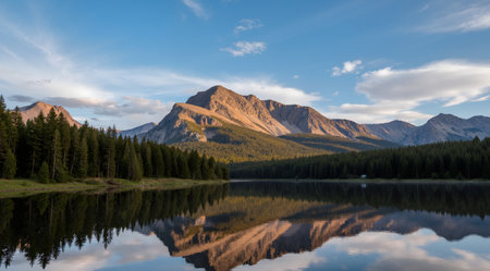 Mountains reflected in the lake, Jasper National Park, Alberta, Canadaの素材