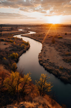 Autumn landscape with a river at sunset in the steppe.の素材