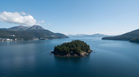 Aerial view of a small island in the middle of the lake.の素材