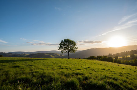 Lonely tree on a green meadow in the mountains at sunsetの素材
