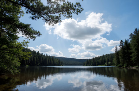Beautiful summer landscape of the lake in the forest on a sunny dayの素材