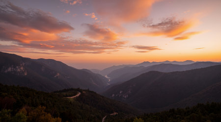 Mountain landscape at sunset, view from the top of the mountainの素材
