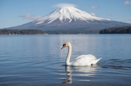 Mute swan in Kawaguchiko lake, Japan.の素材