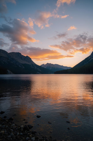 Sunset over the lake in Glacier National Park, Montana, USAの素材