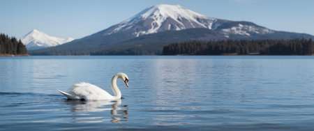Mute swan (Cygnus olor) swimming on a lake with Mount Hood in the backgroundの素材