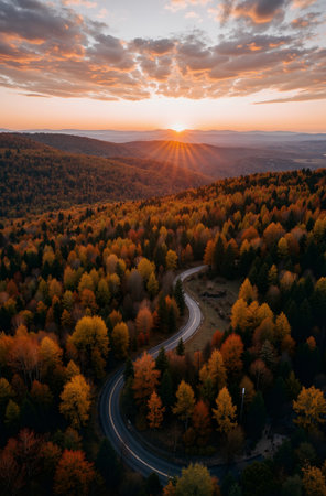 Aerial view of autumn forest and road at sunset. Carpathian, Ukraineの素材