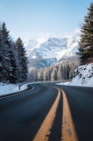 Beautiful winter landscape with snow covered forest and road in the mountainsの素材