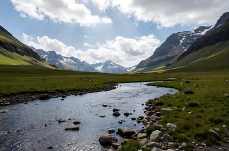 Mountain landscape with a river in the Altai mountains, Russiaの素材