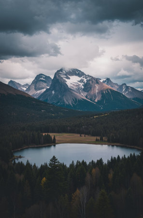 Beautiful mountain lake in the mountains. Dramatic overcast sky.の素材