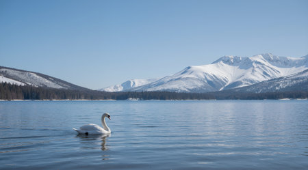 Mute swan swimming on the lake with mountains in the backgroundの素材