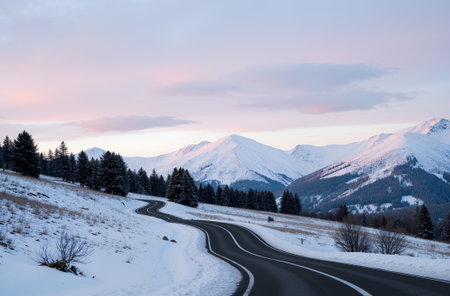 Beautiful winter landscape with road in mountains. Carpathian, Ukraineの素材