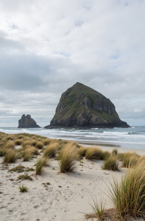 Rugged landscape with a rock in the foreground on the beachの素材