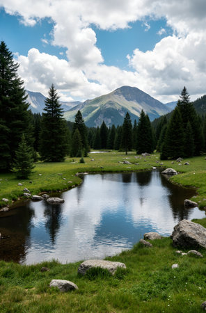 Mountain landscape with lake and coniferous forest on the backgroundの素材