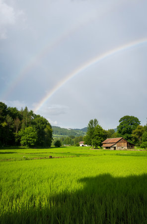 Rainbow over the paddy field in the countryside of Thailand.の素材