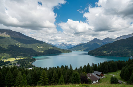 Panoramic view of the lake and mountains in the background.の素材
