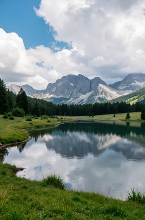 lake in the italian alps with mountains in the background.の素材