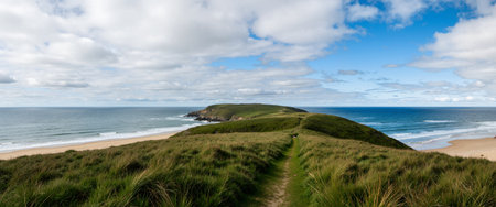 Panoramic view of the beach and cliffs on the north coast of Cornwallの素材